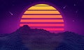 Retro futuristic background with mountains. Retrowave and synthwave style illustration of mountain, sky and shooting stars.